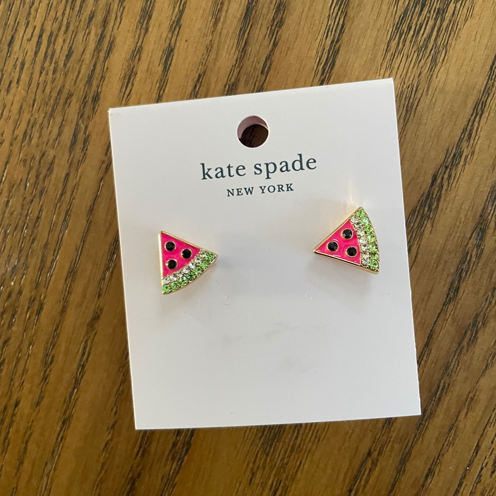 Kate Spade Picnic Perfect Watermelon Slice Stud Earrings Pink Green Gold Tone